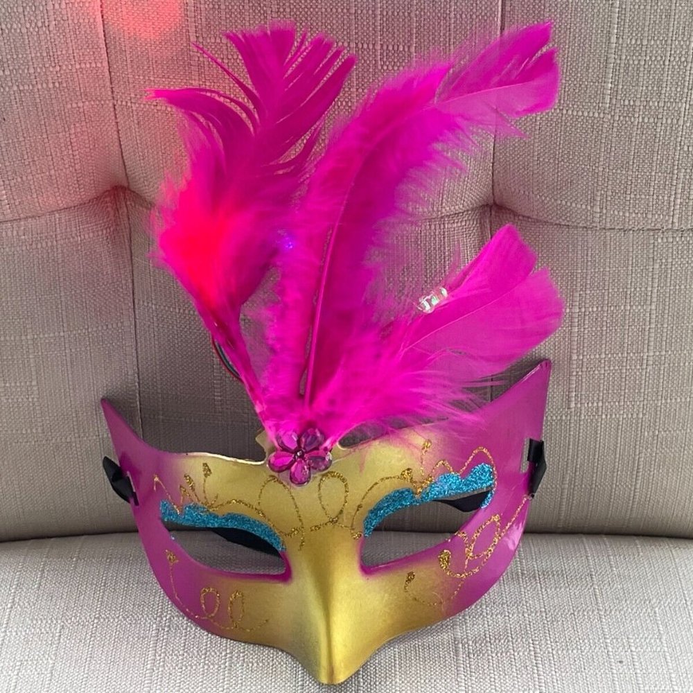 Party Mask Light Up Deep Pink Fuax Feather Masquerade Mask